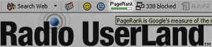 Pagerank visas i Googles toolbar för Radio Userlands hemsida